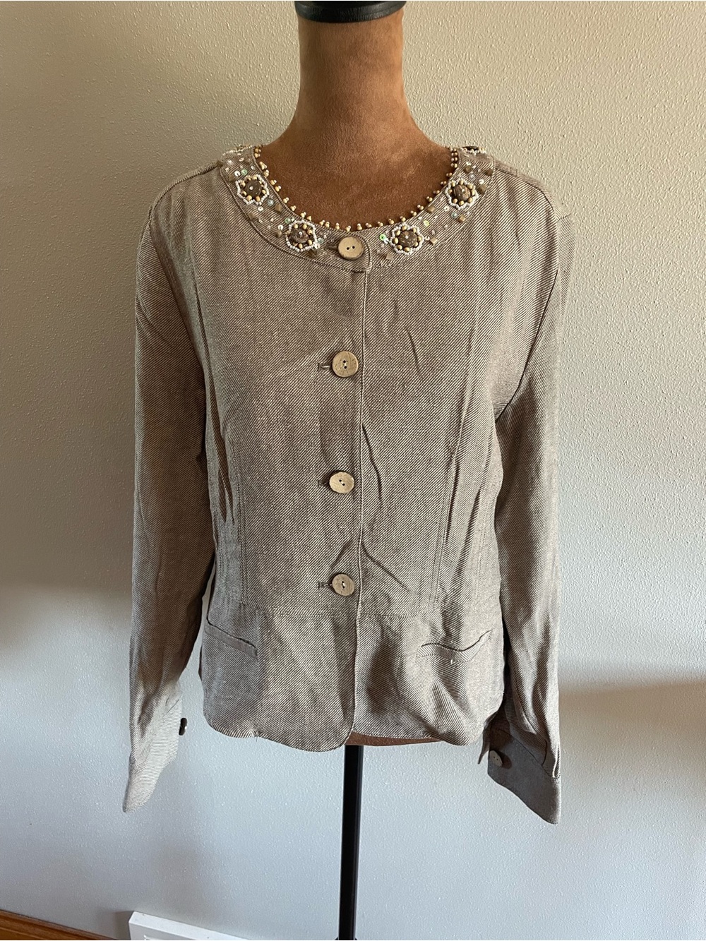 NWT Christopher & Banks Embellished Taupe Button-Front Blazer